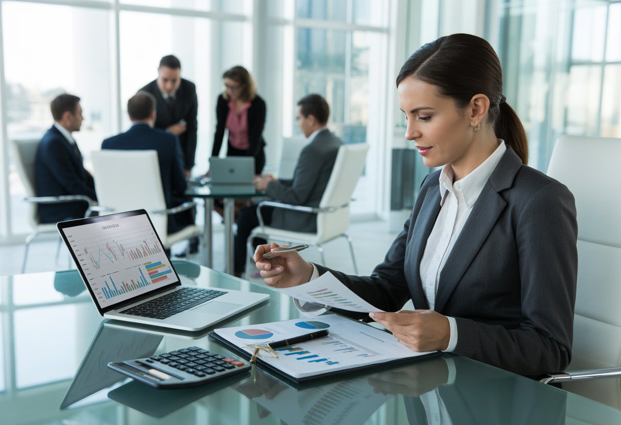 Business professionals reviewing financial documents and charts in a modern office, symbolizing transparency and investor trust.