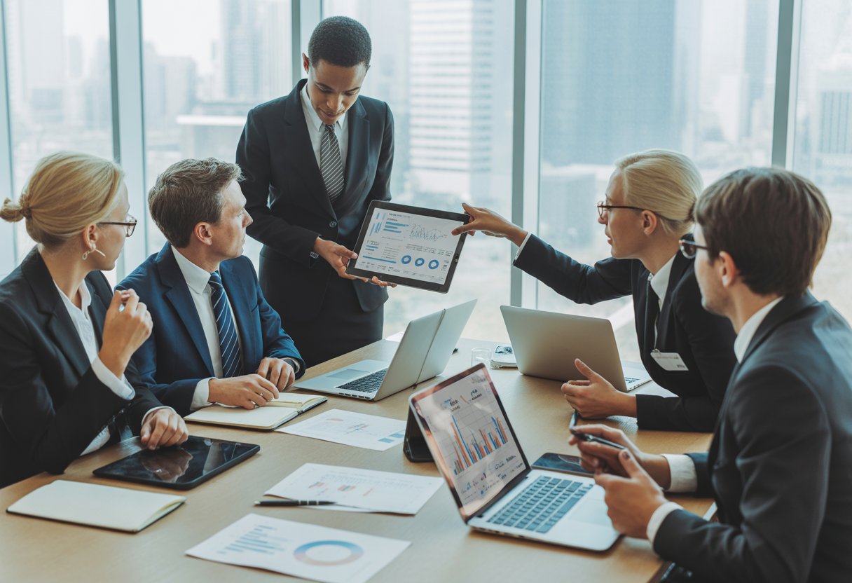 A group of business professionals in a meeting room reviewing financial documents and digital devices, discussing business audits.