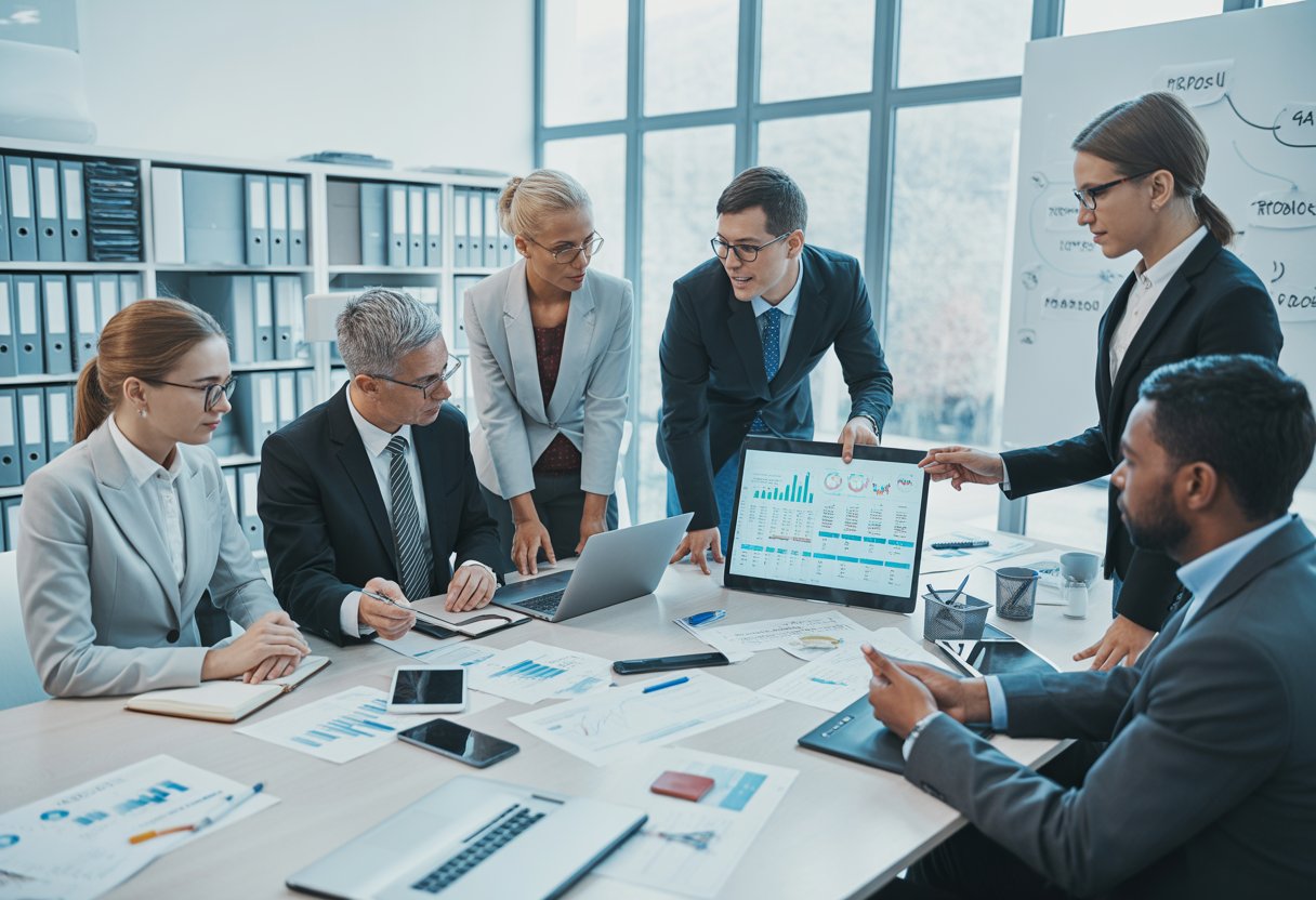 A group of business professionals reviewing financial documents and data together around a conference table in a bright office.