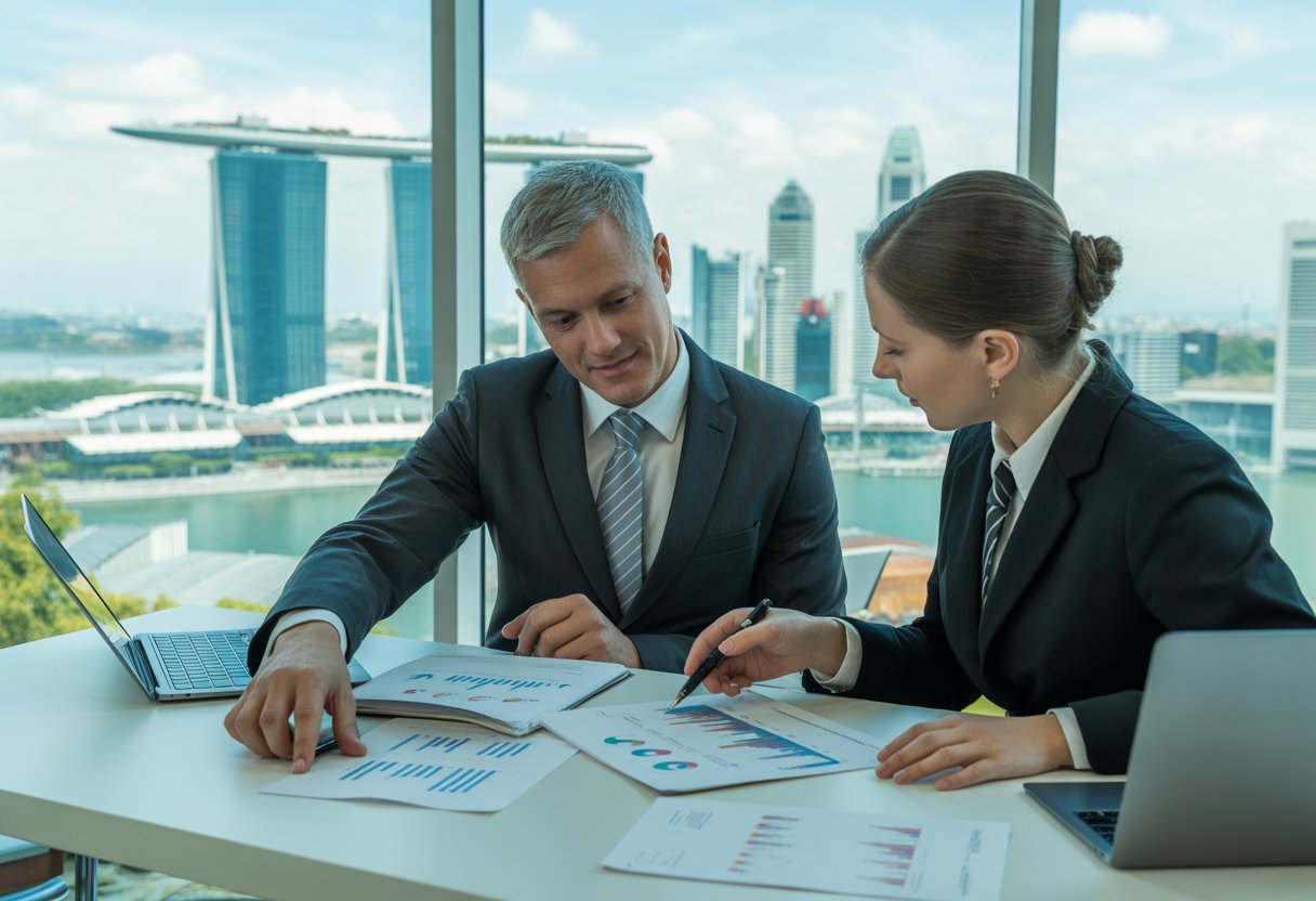 A business owner and an auditor reviewing financial documents at a desk with a view of Singapore's city skyline in the background.