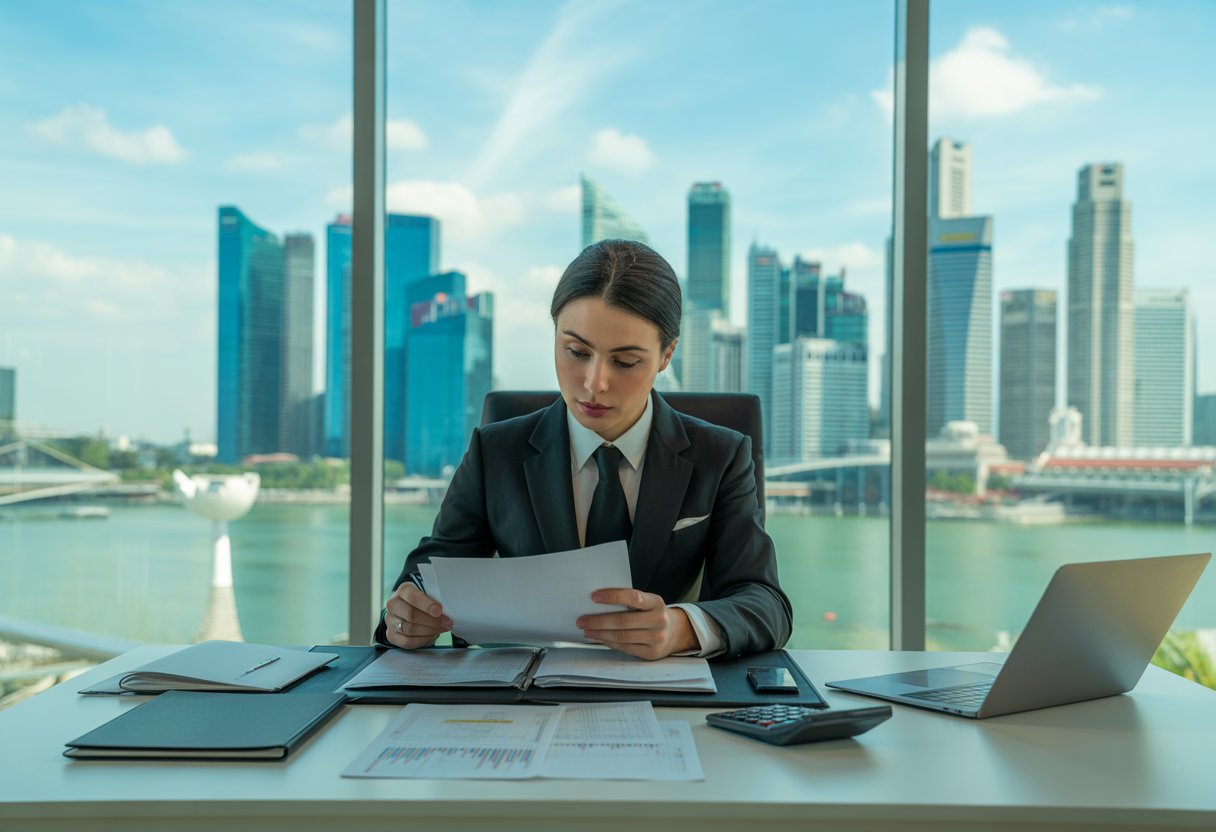 An auditor reviewing financial documents at a desk with Singapore's skyline in the background.