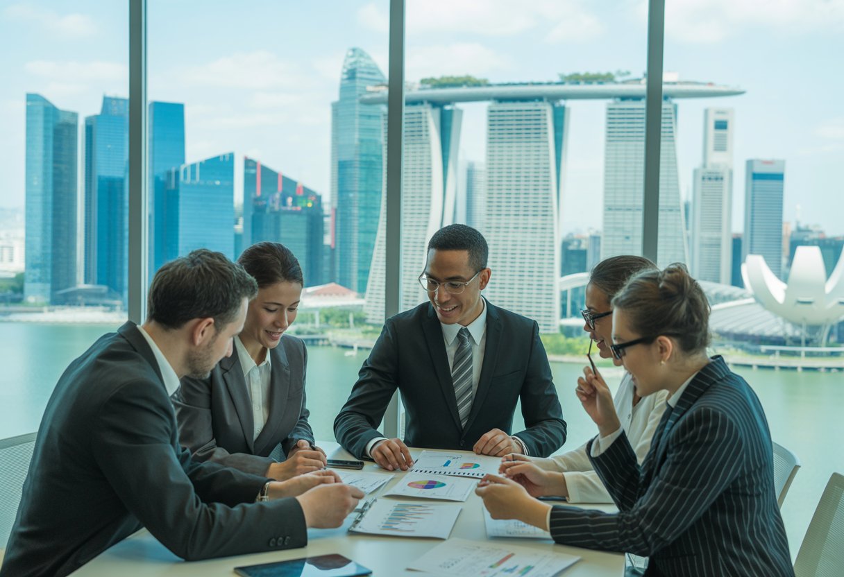 A group of business professionals discussing financial documents and charts in an office with a view of the Singapore skyline.