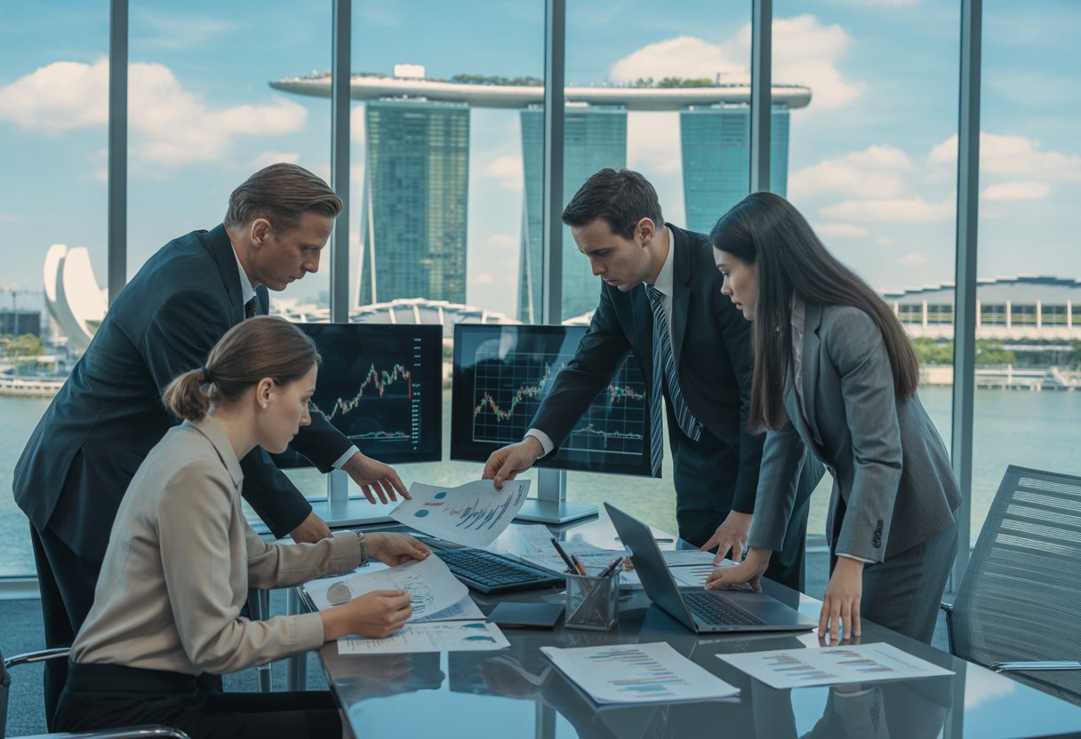 A group of business professionals and auditors working together in an office with Singapore landmarks visible outside, reviewing financial charts and documents on screens and paper.