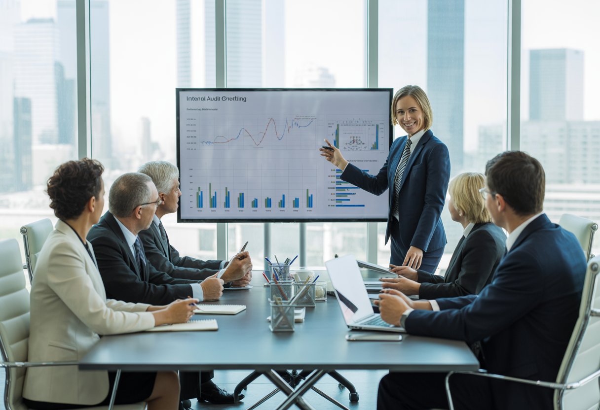 A group of business professionals in a modern office meeting room reviewing charts and reports together.