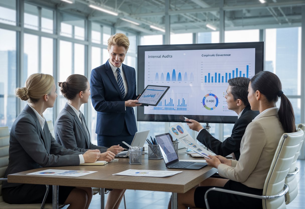 A group of business professionals in a meeting room reviewing charts and documents related to internal audits and corporate governance.