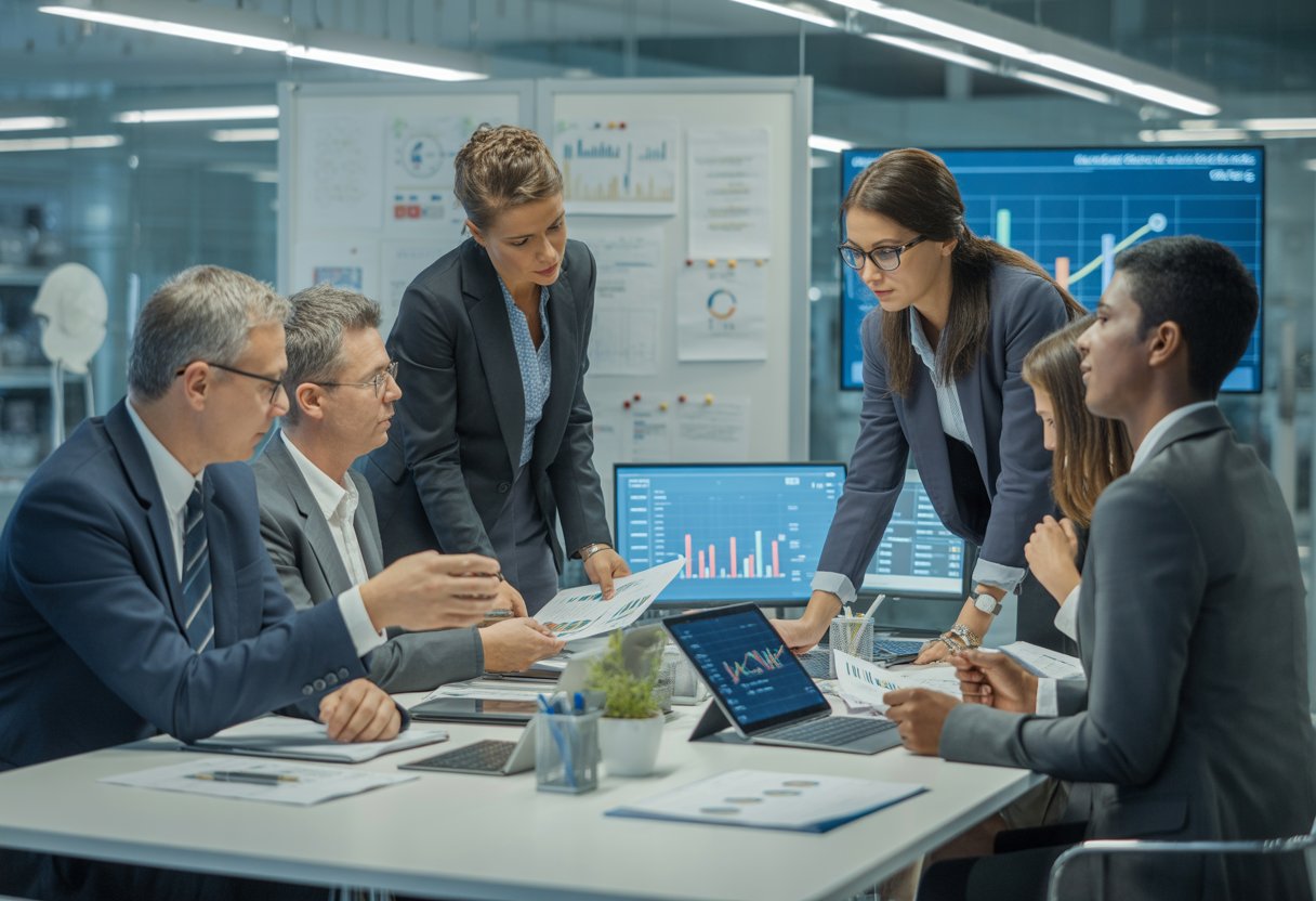 A diverse group of business professionals having a meeting in a modern office, reviewing documents and digital charts related to corporate governance and risk management.