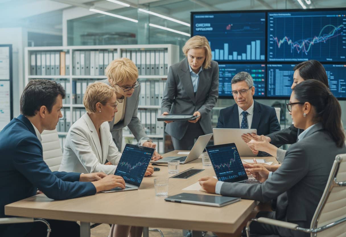 A group of business professionals working together around a conference table reviewing financial documents and data in a modern office.