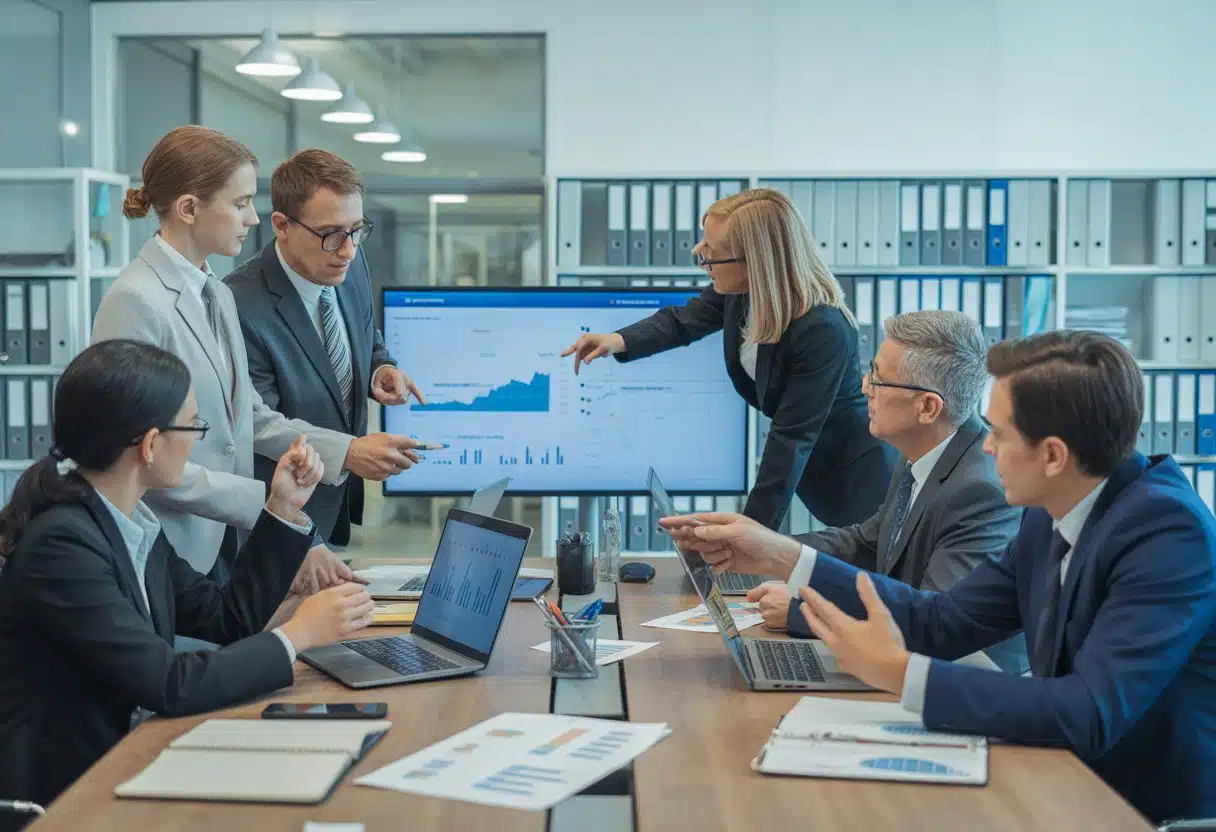 A group of business professionals in a meeting room reviewing financial documents and digital charts together.
