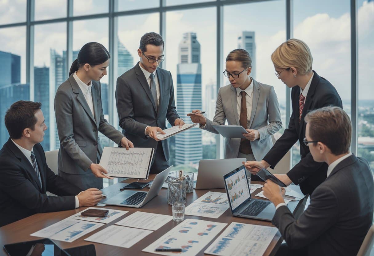 Business professionals in a modern office collaborating around a table with laptops and documents, overlooking a city skyline.