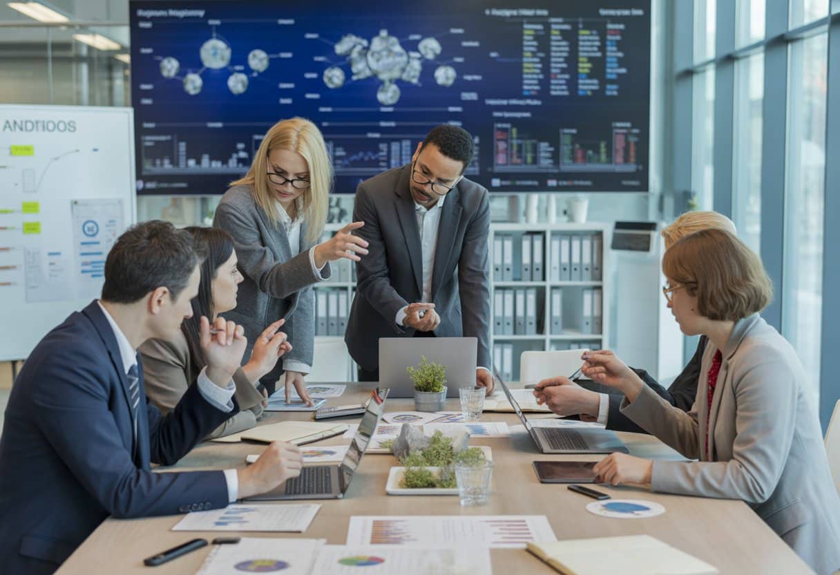 A diverse group of business professionals collaborating around a conference table with documents and laptops, analysing financial charts in a bright office.