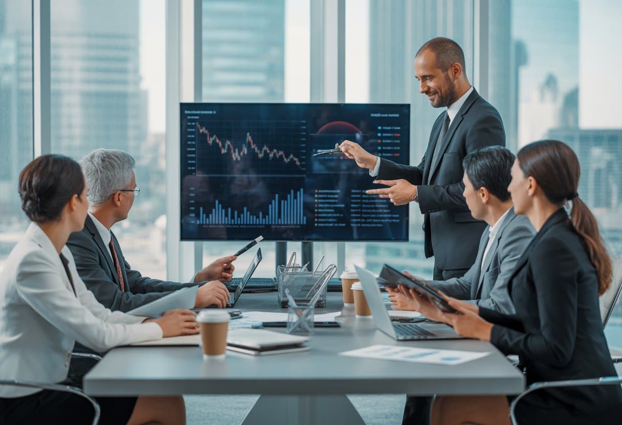 A group of business professionals in a modern office discussing financial charts during a meeting.