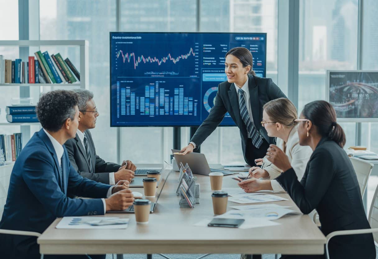 A group of business professionals discussing financial reports around a conference table in a modern office.