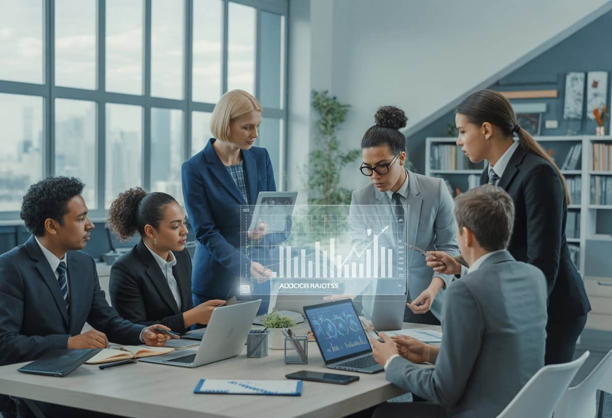 A group of business professionals in a meeting room reviewing financial data on a digital screen, collaborating around a conference table.