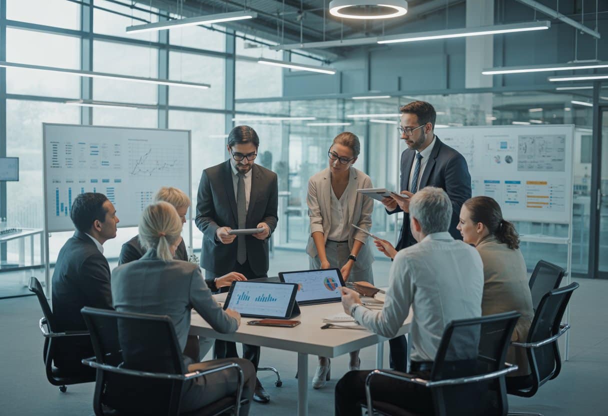 A group of business professionals collaborating around a conference table, reviewing charts and digital devices in a modern office setting.
