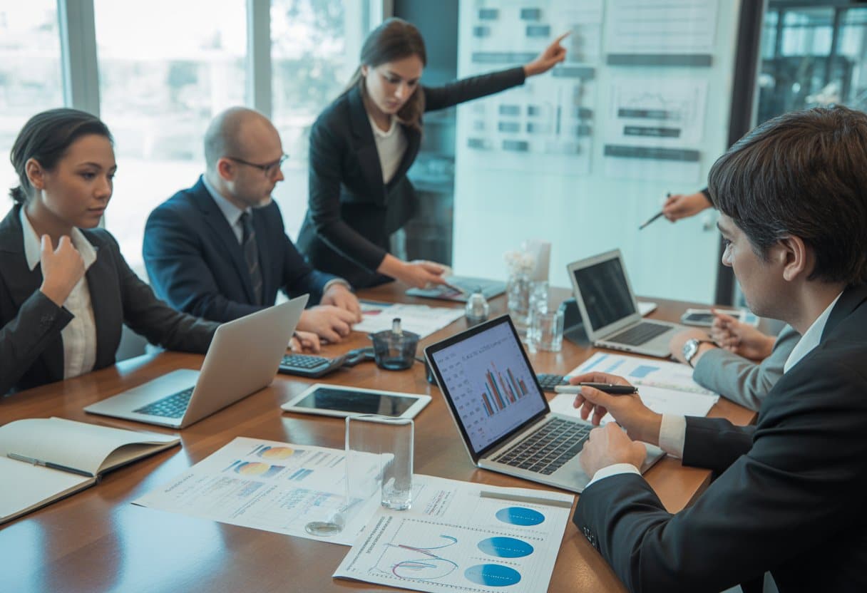 A group of business professionals working together around a table covered with laptops and financial documents in a bright office.