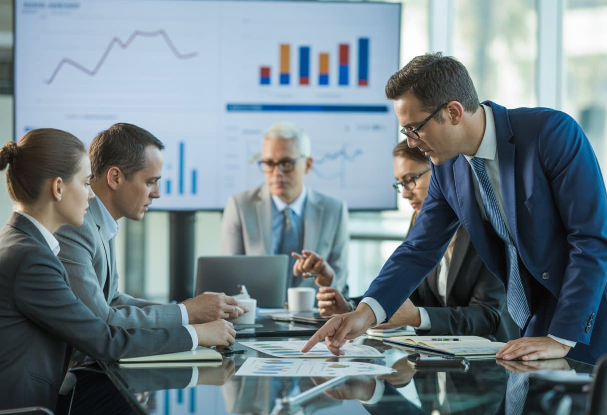 A group of business professionals reviewing financial documents and charts around a conference table during a meeting.