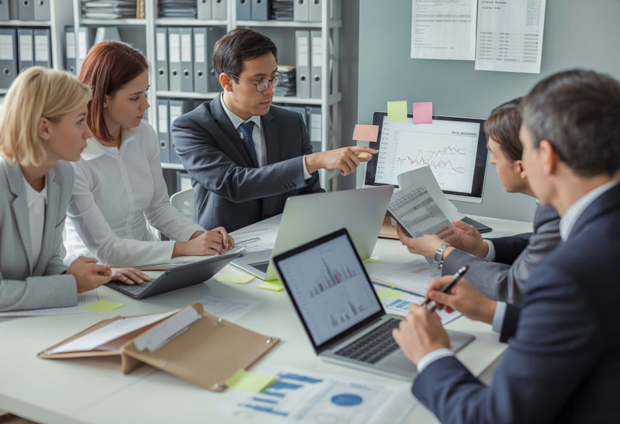 A group of business professionals reviewing financial documents and digital records in an office, with scattered papers and open folders indicating incomplete documentation.