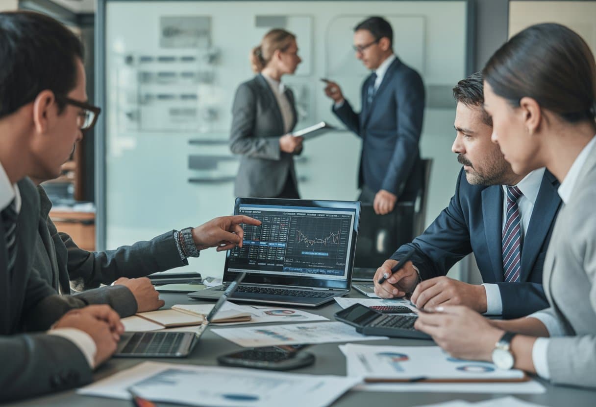 A group of business professionals discussing financial data around a table in an office, with documents and laptops visible.