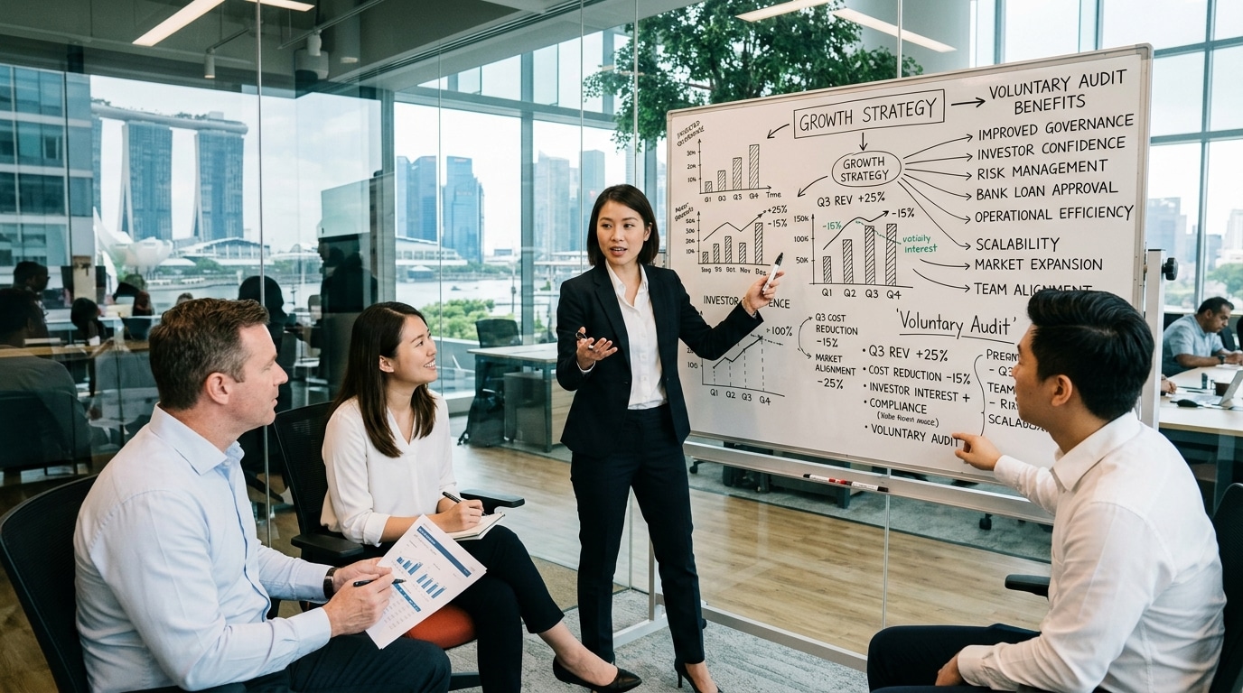 Business woman showing benefits of voluntary audits on a whiteboard