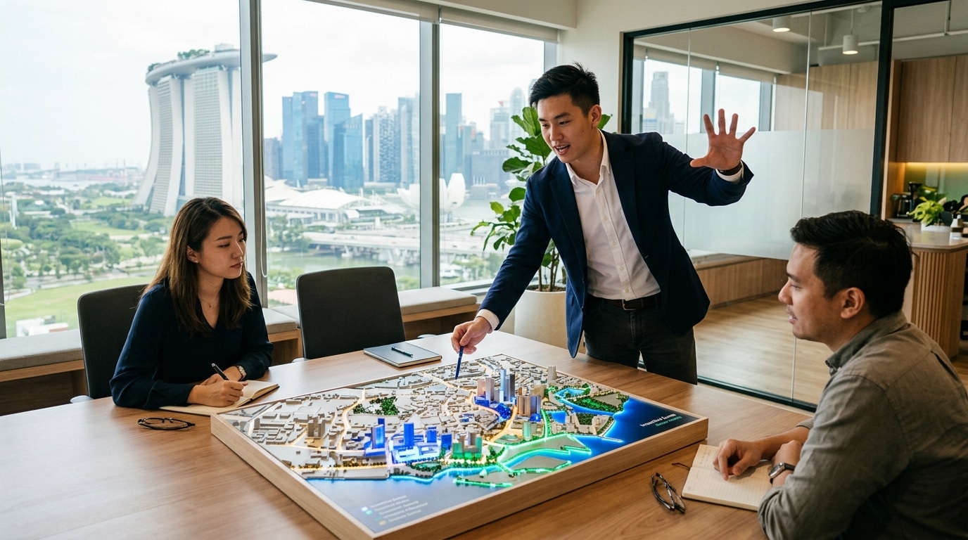 Businessman showing model of proposed new buildings