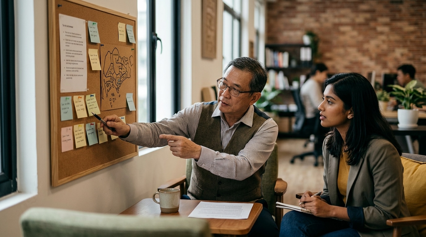 Elderly businessman showing young woman post-it notes on a board