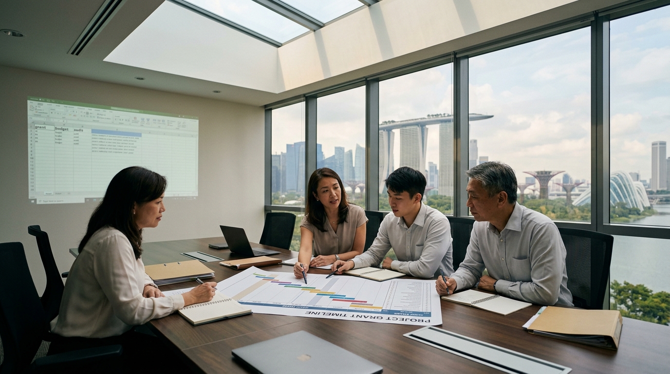 Grant audit team looking at a timeline report