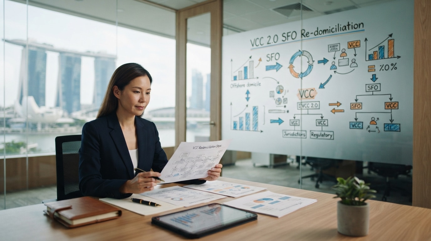 Woman sat at an office desk with a VCC 2.0: SFO Re-domiciliation flow chart behind her